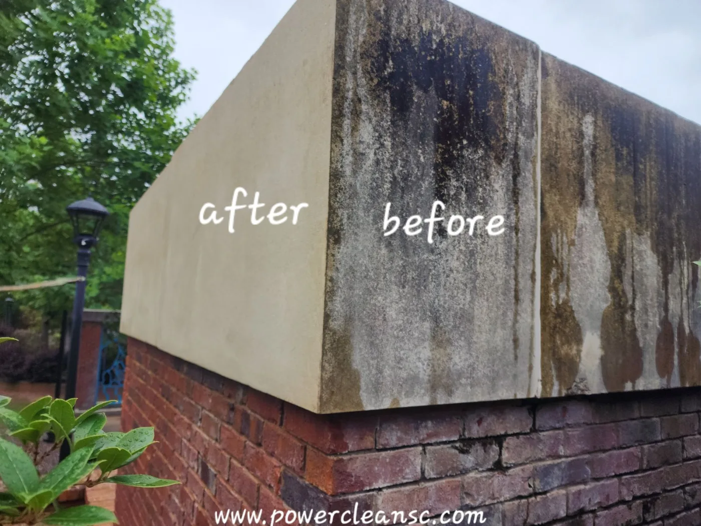 Brick column cap before and after pressure washing by Power Clean