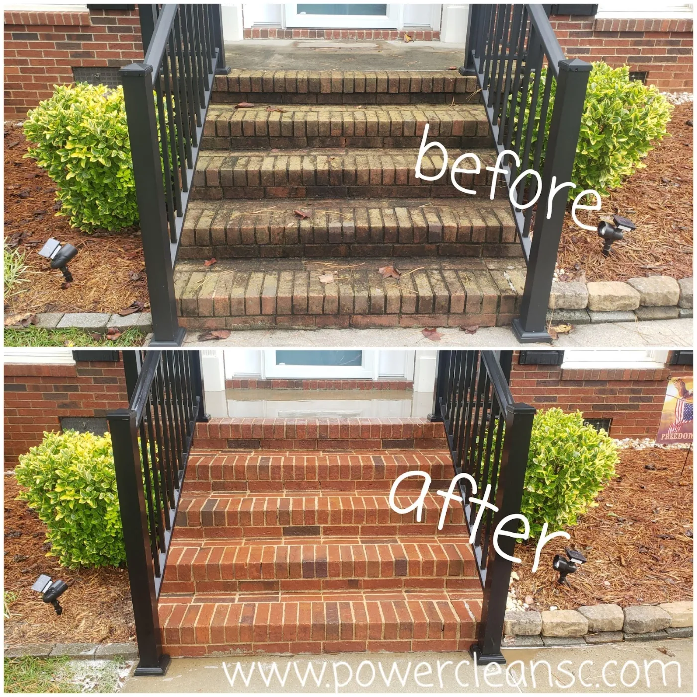 Brick front steps before and after cleaning by Power Clean