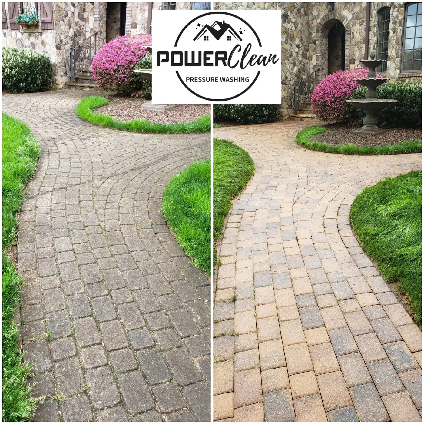 Paver walkway before and after pressure washing by Power Clean